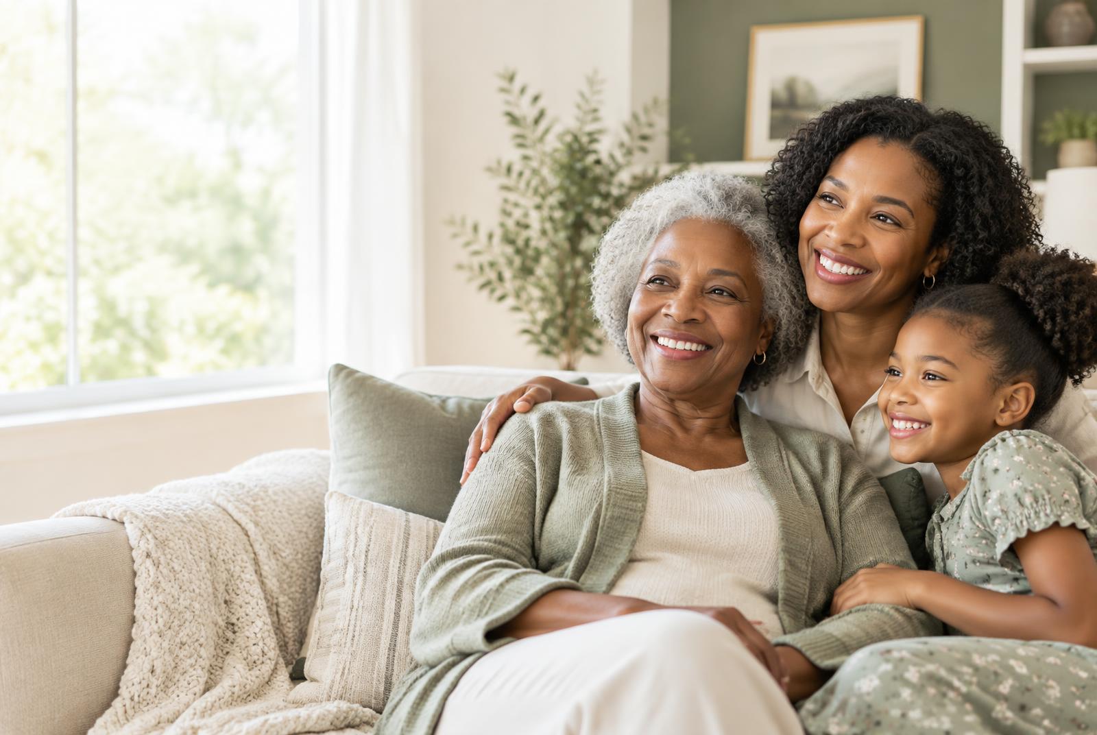 Three generations of a family relaxing together at home